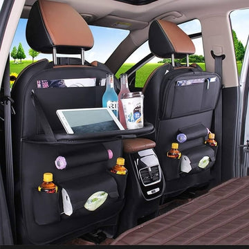 Car Backseat Organizer | PU Leather Storage with Foldable Table Tray