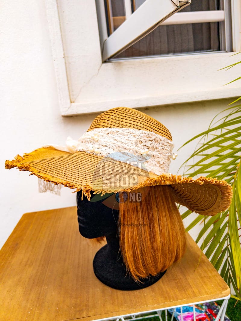 Wide Brim Straw Hat with Pearls & Lace Tie | Elegant Sunshade