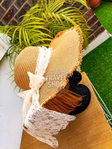 Wide Brim Straw Hat with Pearls & Lace Tie | Elegant Sunshade