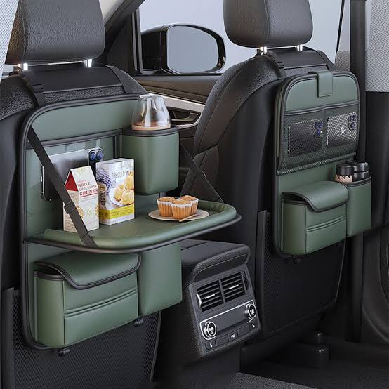 Car Backseat Organizer | PU Leather Storage with Foldable Table Tray